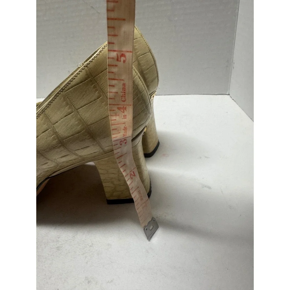Escada Beige Croc Embossed Leather Block Heel Pumps Gold Logo Italy 36.5 6.5